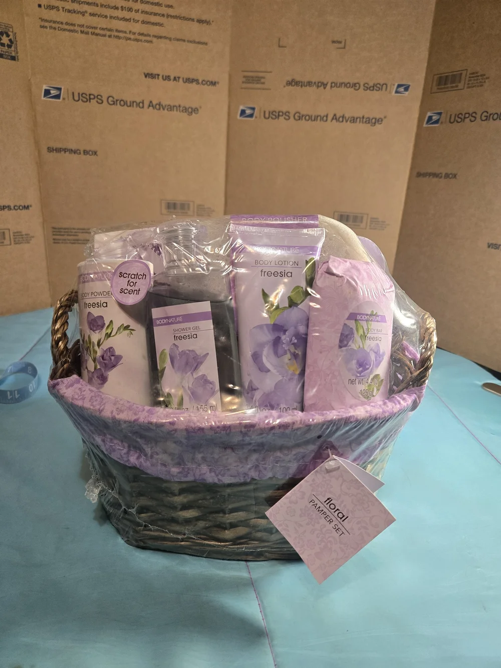 Freesia Bath & Body Gift Basket - Lavender Scented Bath Soak & Lotion Set